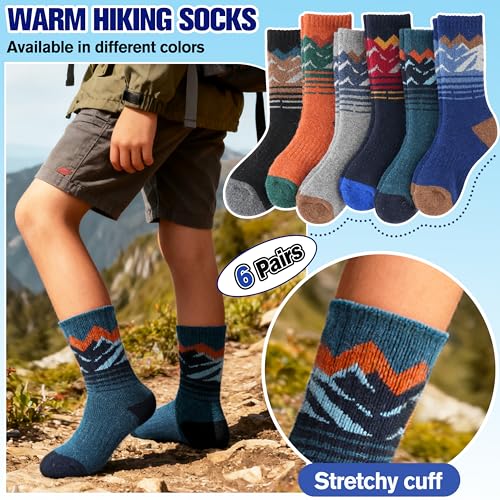 Kids Boys Merino Wool Thermal Hiking Socks 8-12 Years, Mountain Series, 6 Pairs