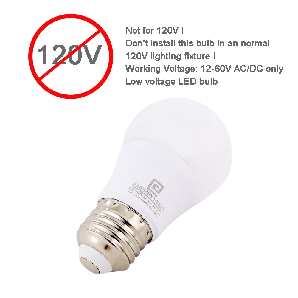 12V-60V LED Light Bulb E26 Regular Light Base,4000K Daylight, 12V AC DC Low Voltage 3W LED Equivalent 25W Incandescent Lamp, Medium Screw Base, 12V 24V 32V 36V 48V 60V A15 Bulb, Not for 120V, 2 Pack