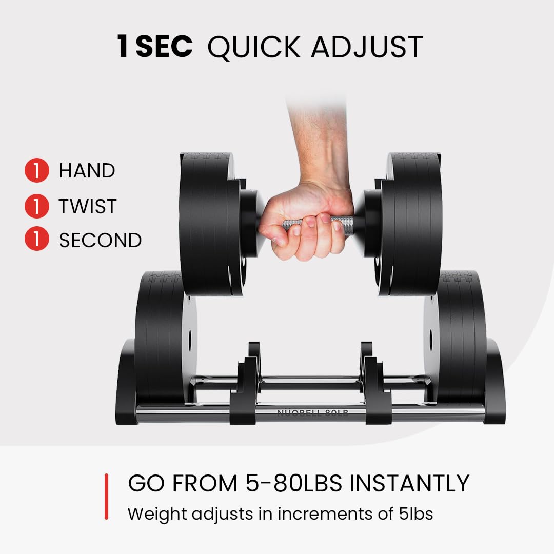 Nuobell 580 Adjustable Dumbbells, 5-80 lb, Set of 2 Free Weights