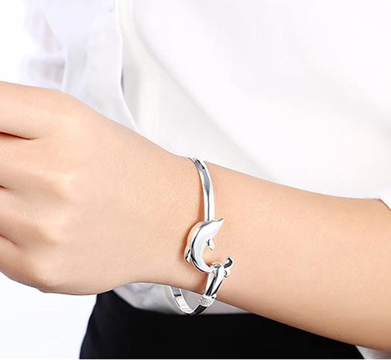 WDIYIEETN Fashion Jewelry 925 Sterling Silver Cute Dolphin Bangle Bracelets for Women