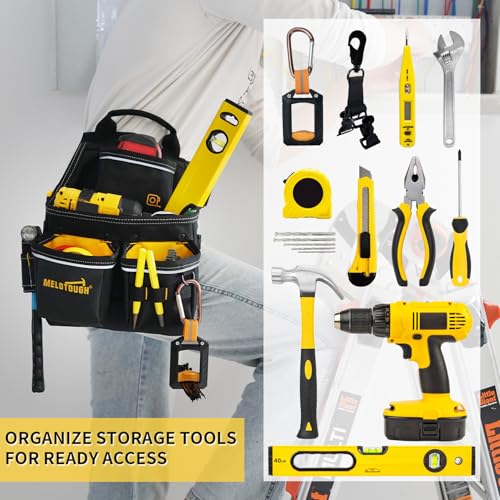 MELOTOUGH Electrician Tool Pouch with Belt,Tool Bag,13 Pockets Small Tool Pouch Designed for Electrician,Carpenter,Construction,Yellow