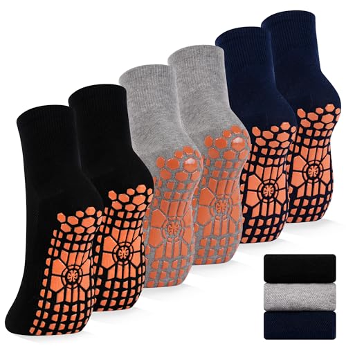 GRPSKCOS Non Slip Socks for Men - 3 Pairs Anti-Skid House Slippers, Black Gray Navy, Size 9-11