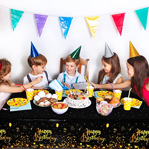 Happy Birthday Tablecloths - Black Gold Plastic, 2 Pack, 54 x 108 Inch