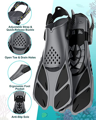 Full Face Snorkel Mask Set with Fins - Black L/XL, Travel Bag