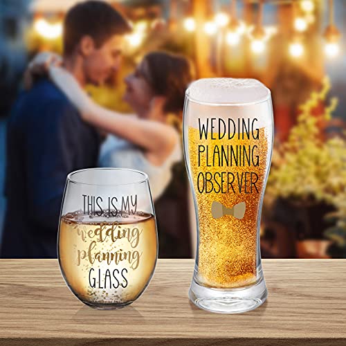 Gemwi Wedding Planning Glass Set - Engagement Gift for Couples, Includes 18oz Wine & 11.56oz Beer Glasses
