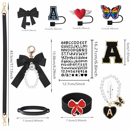 11PCS Stanley Cup Accessories Set - Handle Strap, Silicone Boot, Charms, Black/E