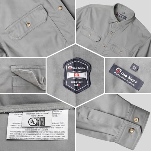 Men's 7.5oz FR Shirts, 100% C Flame Resistant Welding Jacket, Fire Retardant Clothing, Durable Accessories, Meets NFPA2112, Grey-ZRND L