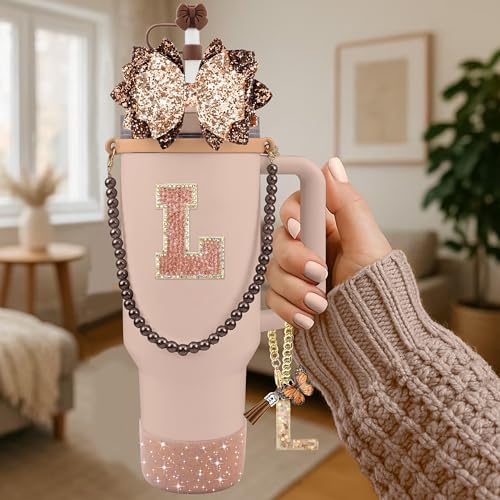 9PCS Bling Brown Stanley Cup Accessory Set - Letter L
