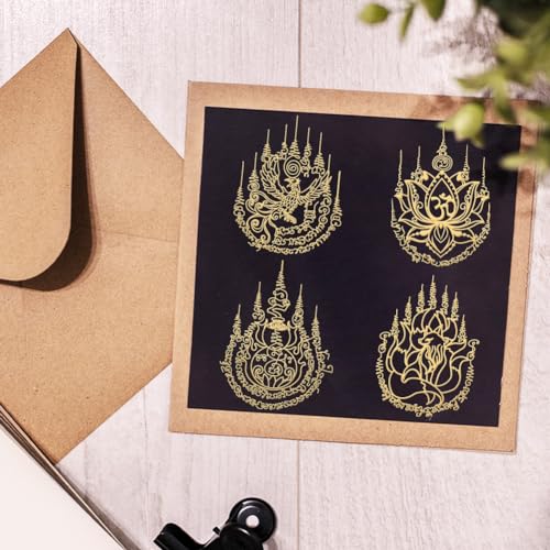OLYCRAFT 9pcs 1.6x1.6 Inch Thai Sak Yant Gold Metal Stickers: Tiger, Nine-Tailed Fox, Scriptures for Scrapbooks, DIY Crafts, Phone Decoration