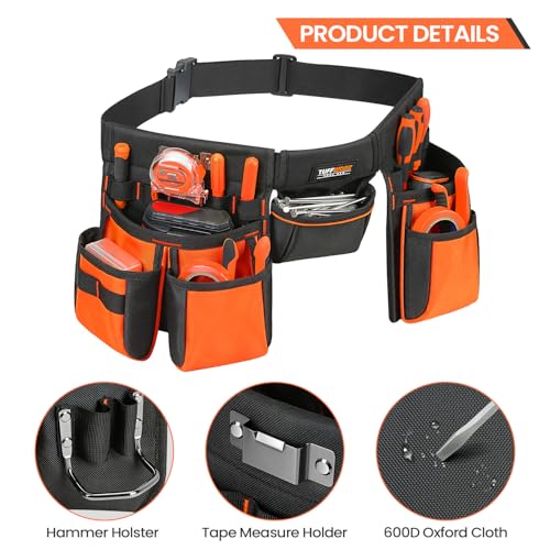Tool Belt with Multiple Pockets, Heavy Duty Construction Pouch, Black and Orange