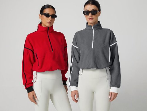 QINSEN Half Zip Fleece Pullover for Women Active Winter Warm Crop Sweater Drawstring Fit Top Red S