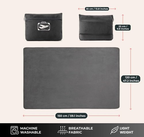 FlyHugz Grey Travel Blanket & Pillow Set (59.1"x47.2") with Carry Case, Luggage Sleeve & Clip – Portable, Lightweight, Breathable & Washable – Perfect for Plane, Car, Camping & Travel