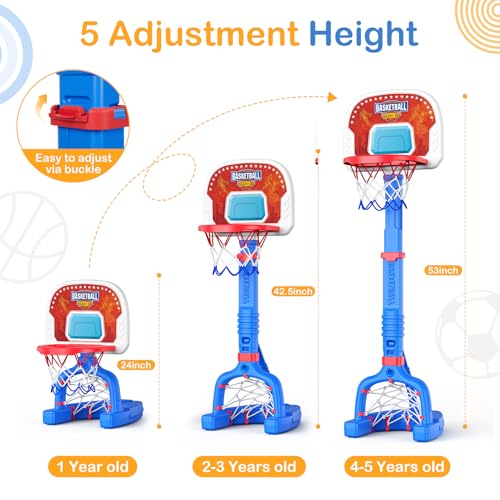 FLMAQE Toddler Adjustable 2-in-1 Basketball Hoop & Soccer Goal - Blue+Red, 4 Balls, Indoor & Pool