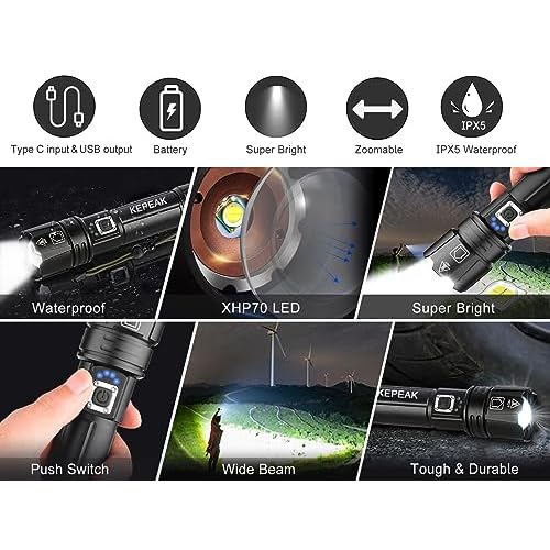 KEPEAK Flashlight, Rechargeable Flashlights High Lumens, Super Bright LED Flash Light, Powerful, Zoomable, Tactical Flashlight for Camping, Emergency