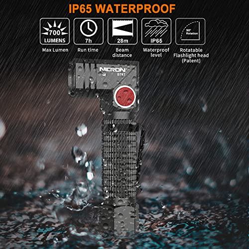 NICRON B74T Red Light Flashlight, Rechargeable LED White Light 700 Lumen with Magnetic Base, Clip, IP65 Waterproof for Camping, Night Walking, Emergency