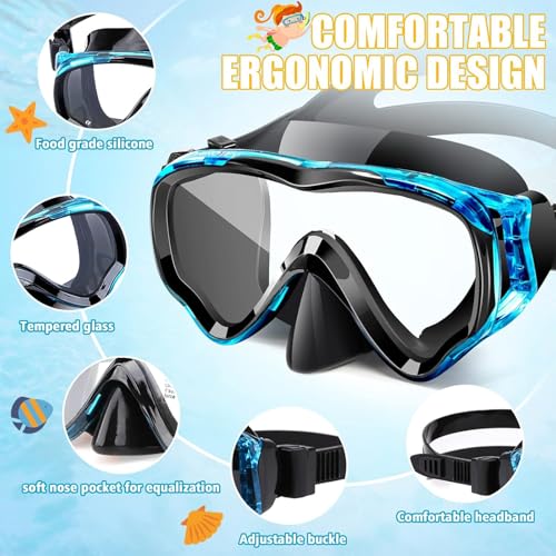 Snorkeling Set for Kids & Adults - Full Dry Mask Gear - Blue+Black