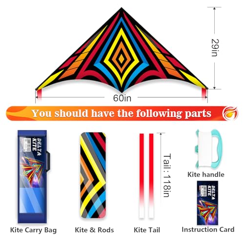 Lanrui Zeph-O Delta Beginner Kite for Kids & Adults - Easy to Fly Beach Kite, 60x28 Inches, Ready-to-Fly Set