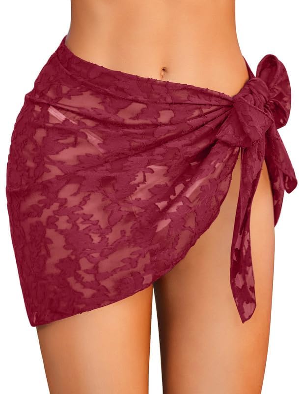 Swimsuit Coverup for Women - Chiffon Lace Sarong - Lace Wine Red