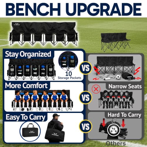 6-Seat Folding Soccer Bench - Portable Team Seating with Pockets