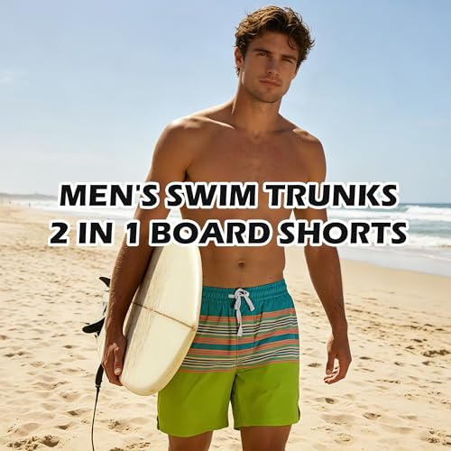 Men's Swim Trunks Hawaiian Quick Dry 2 in 1 Board Shorts with Pockets