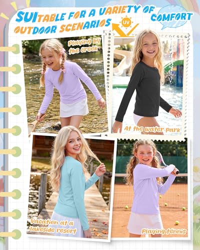 Girls' Long Sleeve Sun Shirts - 3 Pack Rash Guard 13-14Y Black, Light Blue, Light Purple