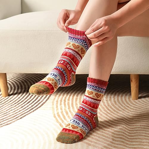 Warm Wool Hiking Crew Socks for Women - 5 Pairs Heart