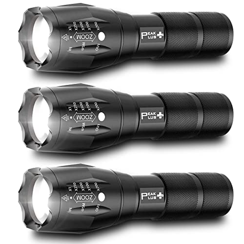 PeakPlus LED Tactical Flashlights High Lumens, Zoomable, 5 Modes Bright LED Flashlights for Emergencies, Camping, Outdoor LED Flash Lights Battery Powered, Handheld Flashlights (3 Pack) LFX1050