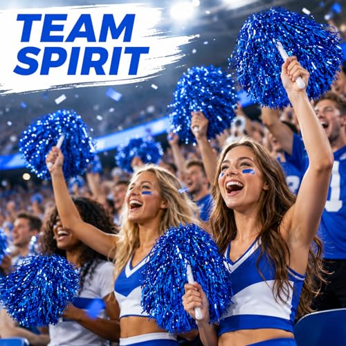 Cheerleading Pom Poms - 12 Pack Metallic Blue Pompoms with Handle