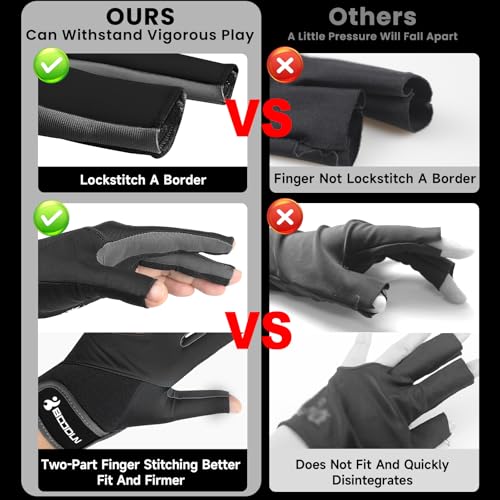 Billiard Pool Gloves for Left Hand - 3 Finger, Black, Large