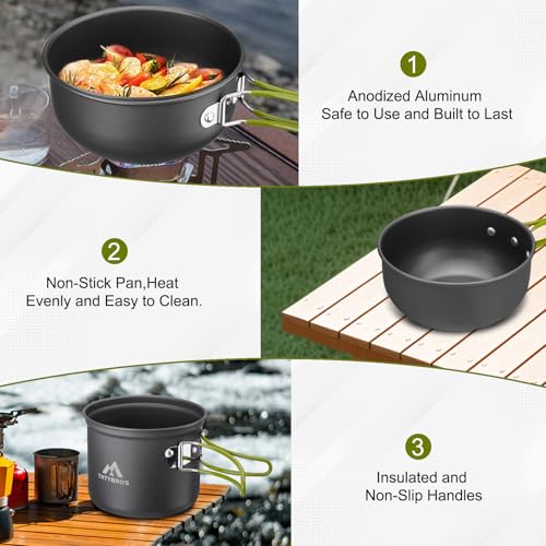 THTYBROS Green Camping Cookware Kit with Pots, Pans & Utensils for Backpacking