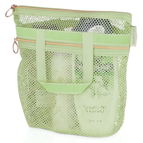 Mesh Shower Caddy - Quick-Dry Toiletry Bag with Zipper & Pockets - Small Light Green