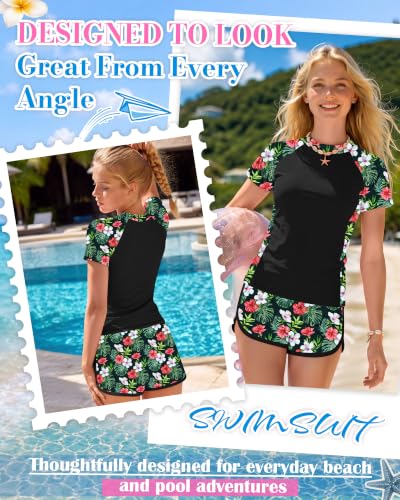 Girls Rash Guard Swimsuit 2-Piece Set Black Green 9-10 Years