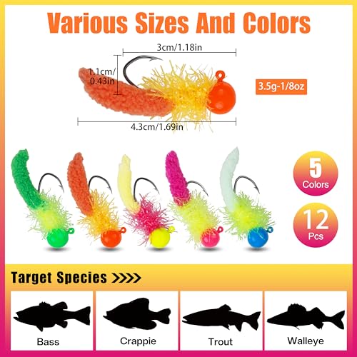 Crappie Jig Heads Fishing Lures Kit - 12pcs Pink Marabou Jigs