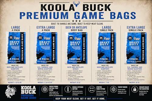 Koola Buck 4 Pack Heavy-Duty Deer Quarter Game Bags | Reusable, Breathable, Full Body & Quarter Hunting Bags