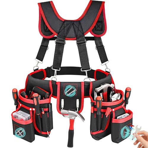Tool Belt, Professional Tool Belts with Suspenders, Magnetic Tool Pouch for Men, Heavy Duty Detachable Adjustable Work Belt for Electrician, Carpenter, Construction