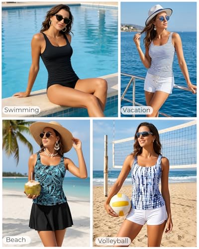 Tankini Tops for Women - Tummy Control Swimwear, Large Black