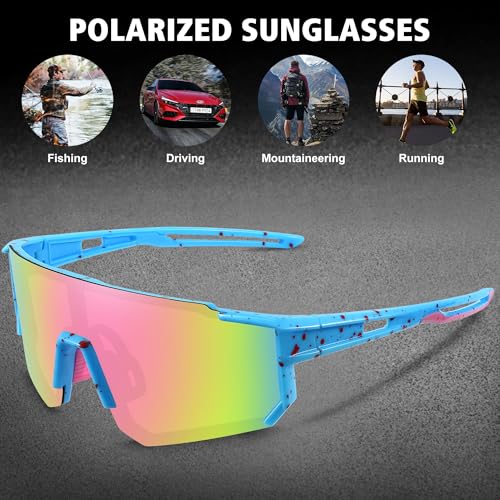 STORYCOAST Polarized Sports Sunglasses Blue Frame-Pink, 73mm Unisex Cycling & Running Eyewear