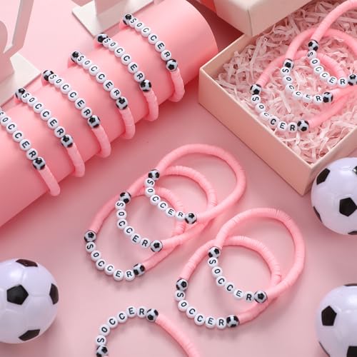24 Pcs Soccer Beaded Bracelets - Adjustable Clay Jewelry - Pink