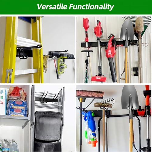 Garage Tool Organizer Wall Mount with 48 inches Rails and 6 Double-layer Hooks, Garden Tool Rack Heavy Duty, Garage Hanging Storage Rack For Yard Tools, Shovel, Shed