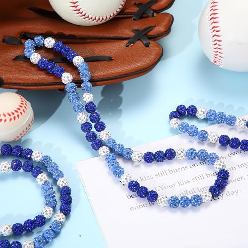 Baseball Beaded Necklace - 6 Pcs Bling Rhinestone Clay - Blue & White 20 Inch