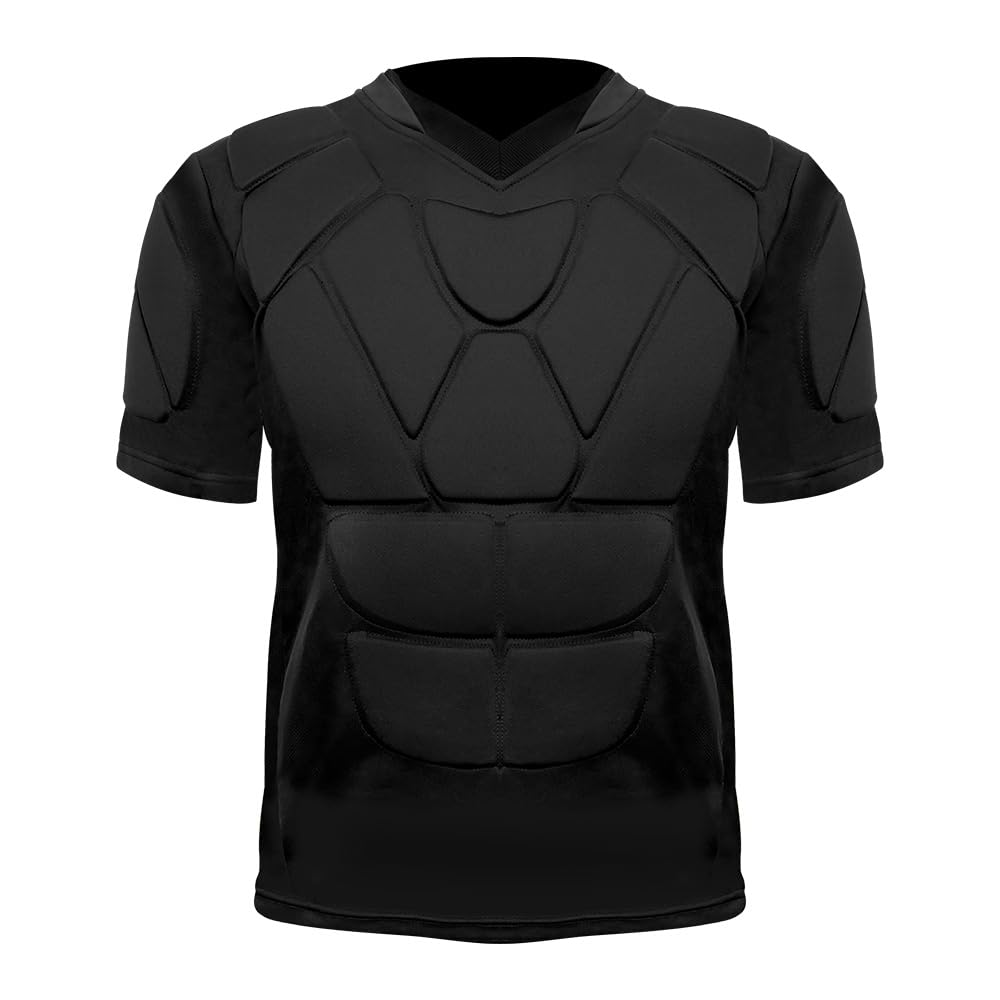 Jellybro Mens Padded Football Shirts 37-Pads Womens Protective Compression Shirt for Soccer Rugby Volleyball Ball (Black, Small)