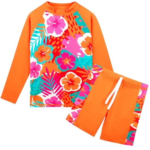 Girls Long Sleeve Rash Guard Set with UPF 50+ - 7-8 Years B2 Orange Flower