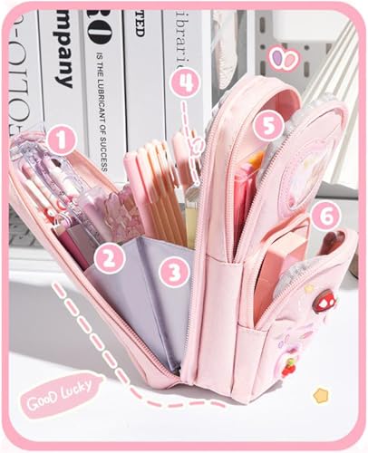 Large Capacity 3-Layer Pencil Case with 6 Compartments - B Pink