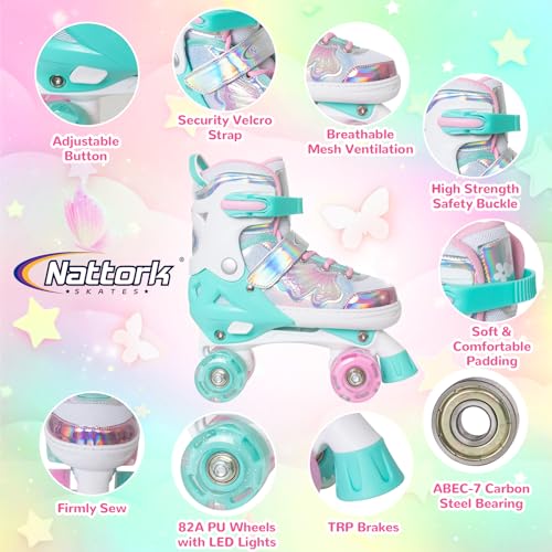 Nattork Kids Adjustable Roller Skates Teal Small(10C-13C) with Light-Up Wheels & Butterfly Design