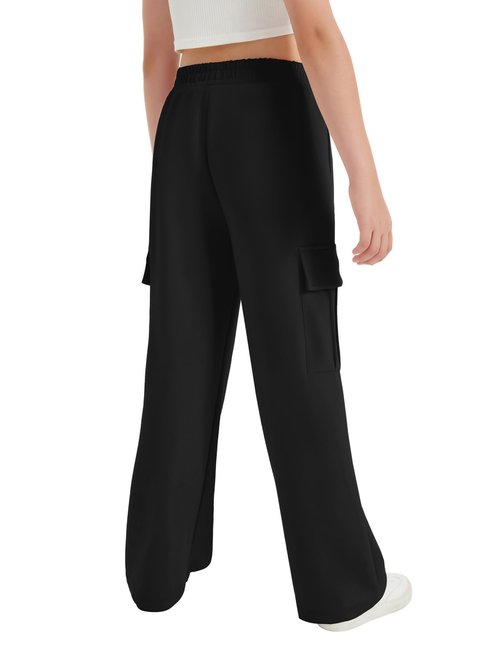 EXARUS 3 Pack Girls Cargo Sweatpants Baggy Swaet Pants for Girls Wide Leg High Waisted Elastic Waistband Causal Pant Daily Heather Black Gery Pink 12Y