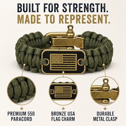 Adjustable Paracord Bracelet for Men - Bronze USA Flag - Black / M (8.2-9.2in)
