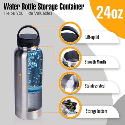 BarGifts 24oz Hidden Safe Water Bottle, Stainless Steel Secret Water Bottle with Hidden Compartment, Bottle Keeps Your Valuables Safe Like Money, Keys, and Jewelry- Silvery