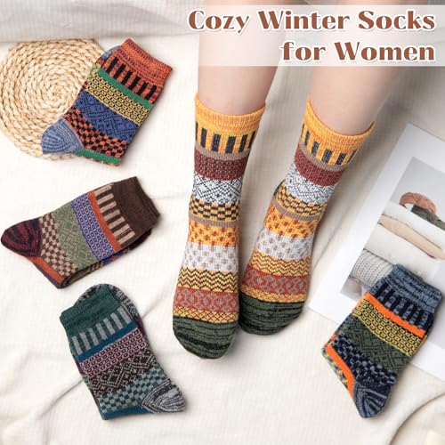 Wool Socks for Women - 5 Pairs in Green, Orange, Yellow, Brown, Grey, Blue