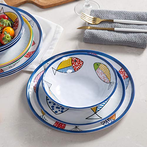 Gofunfun 12-Piece Melamine Dinnerware Set for 4 with Blue Fish Design - Plates & Bowls