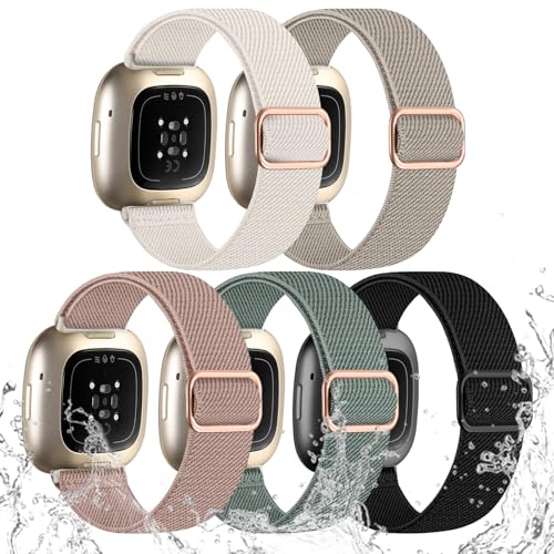 Stretchy Nylon Bands for Fitbit Versa 3/4 & Sense 2 - 5 Pack (Apricot/Black/Brown Green/Pine Green/Pink)